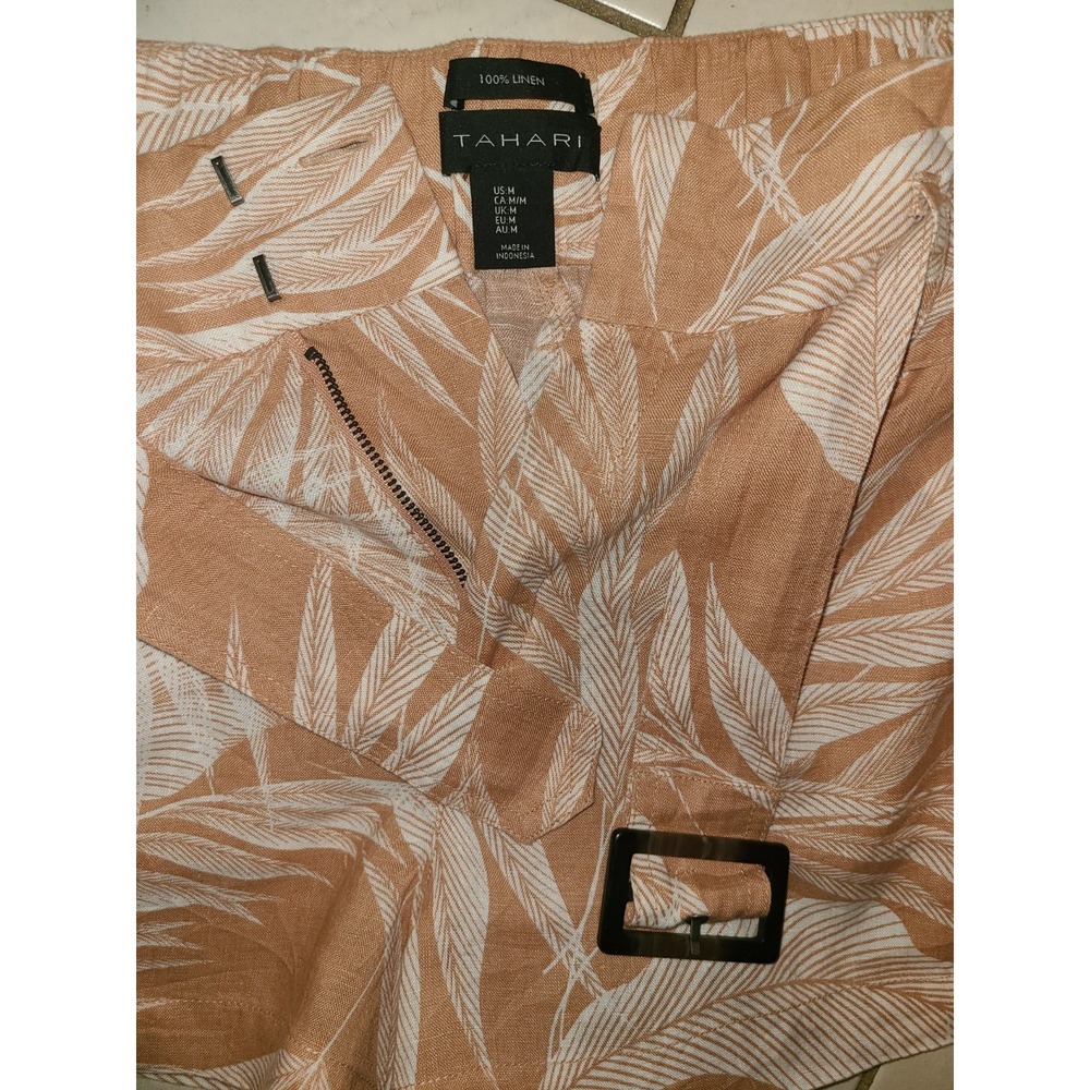 Tahari Womens Shorts M NWOT 100% Linen Palm Leaf Tropical Print Belted High Rise - Picture 6 of 9